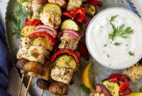 Greek Chicken Kabobs Recipe with Tzatziki and Grilled Vegetables
