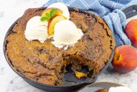 Grilled Fresh Peach Skillet Cake in a Cast Iron Pan