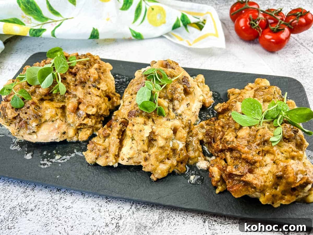 23 Dump-and-Go Slow Cooker Recipes That Taste Homemade 3 4 ingredient slow cooker chicken on a black platter.