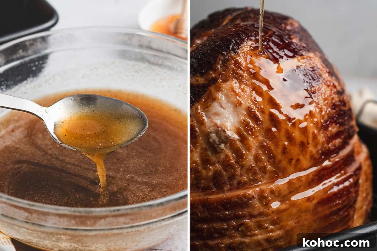 Sweet Pineapple Glaze for Ham: Tangy Ham Glaze Recipe 6 A pineapple glaze in a bowl with a spoon, followed by a glazed pineapple ham.
