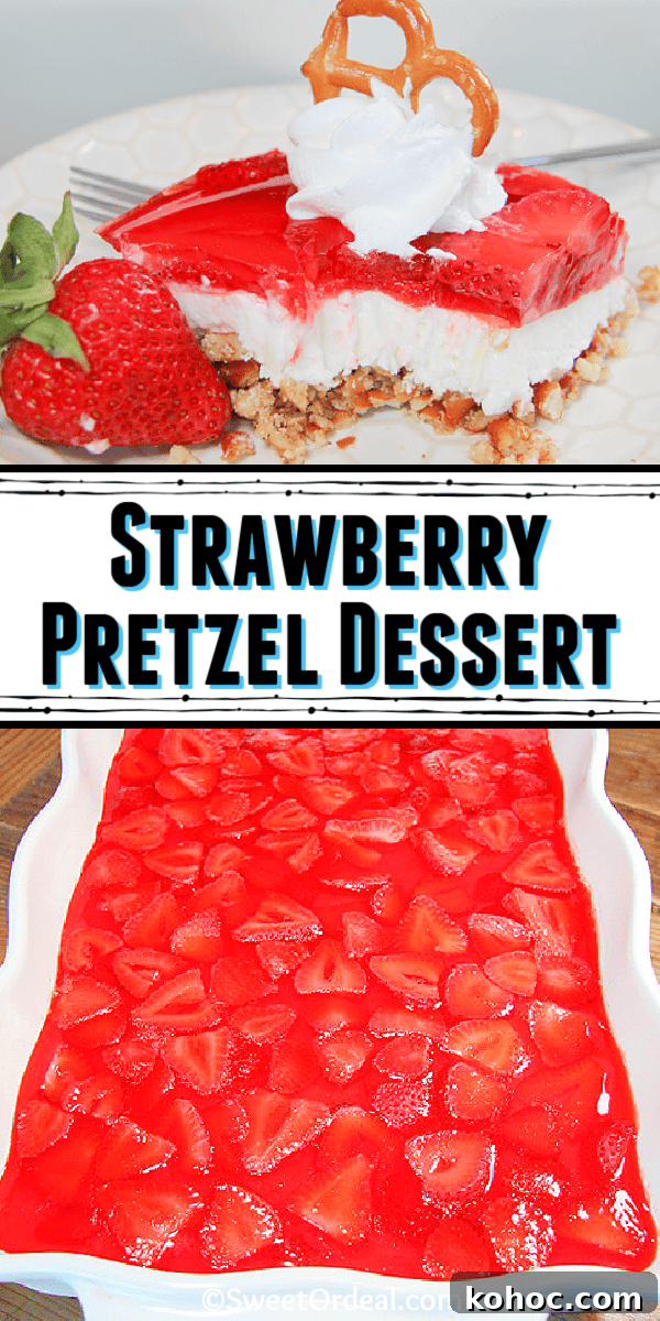 Strawberry Pretzel Dessert has a buttery pretzel crust supporting a cream cheese layer topped with fresh strawberries floating in gelatin. Strawberry Pretzel Dessert