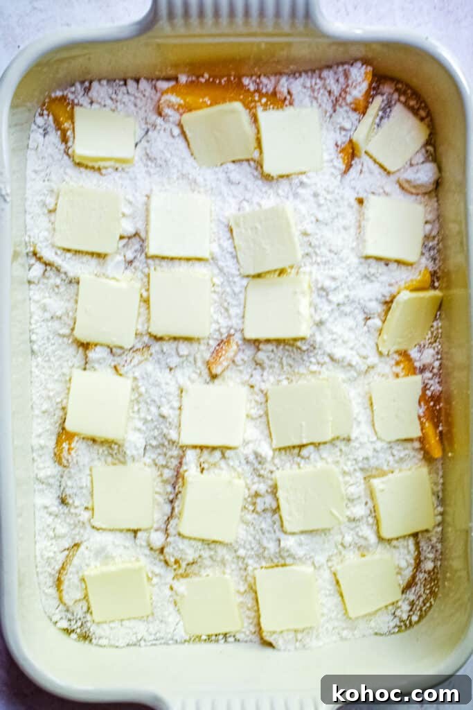 The butter is on top of the cake mix.