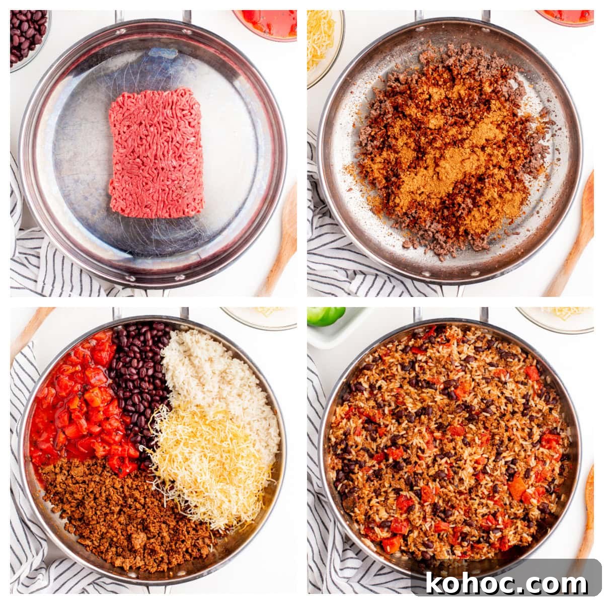 four photos showing how to make the stuffing for stuffed peppers