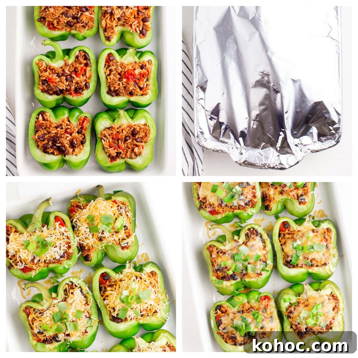 four photos showing how to bake taco stufffed peppers