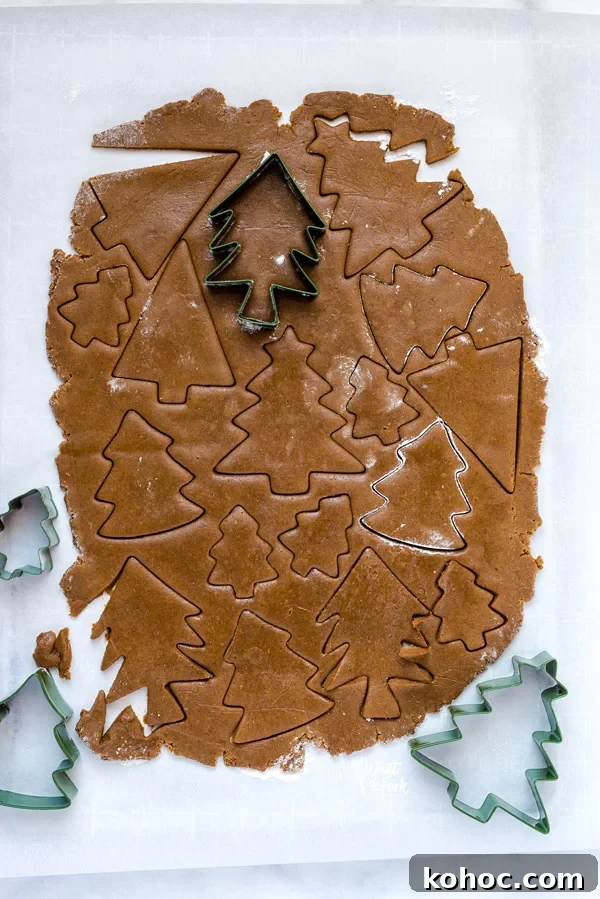 Gluten-Free Gingerbread Cookies Recipe for Perfect Holiday Bakes 7 overhead shot of gluten free gingerbread cookie dough rolled out and cut with Christmas tree cookie cutters