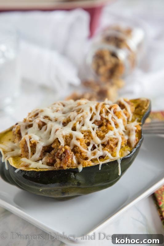 Quinoa and Sausage Stuffed Acorn Squash Recipe 2 Quinoa and Sausage Stuffed Acorn Squash - Sweet acorn squash stuffed with spicy Italian sausage, quinoa, sweet dried cranberries and walnuts. A perfect fall dinner that can be even be made ahead of time!