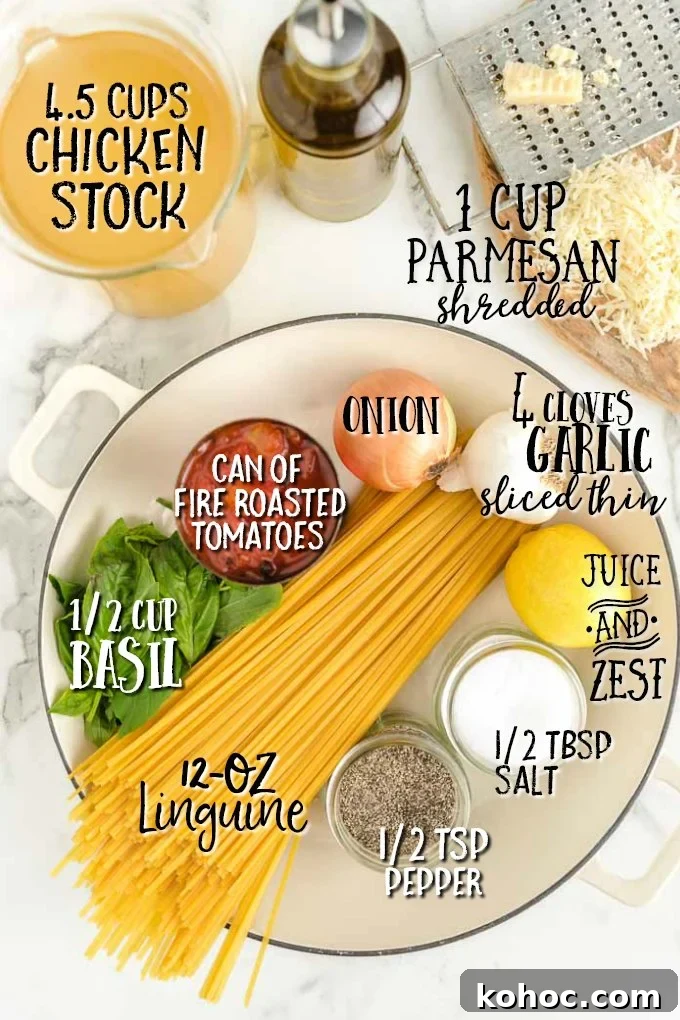 One-Pot Creamy Tomato Basil Pasta for Quick Weeknight Meals 3 One Pot Pasta raw ingredients that are labeled