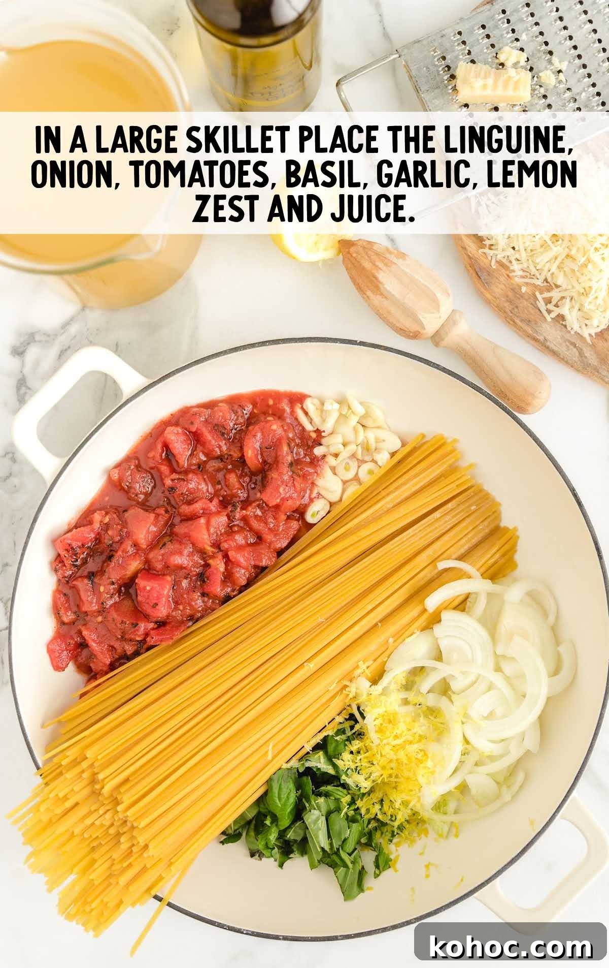 One-Pot Creamy Tomato Basil Pasta for Quick Weeknight Meals 4 linguine, onion, tomatoes, basil, garlic, lemon zest and juice placed in a skillet