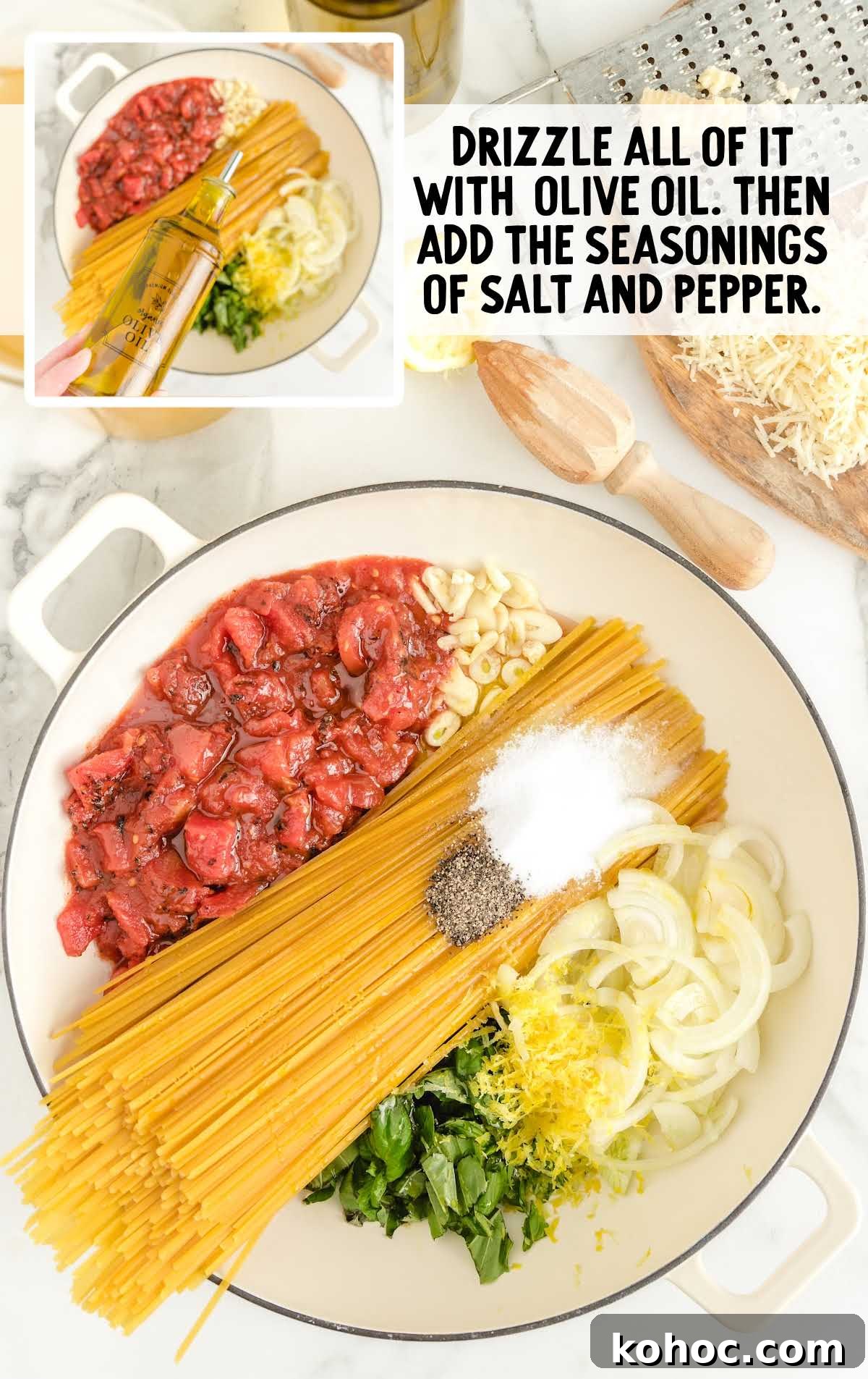 One-Pot Creamy Tomato Basil Pasta for Quick Weeknight Meals 5 ingredients drizzled with olive oil then salt and pepper added