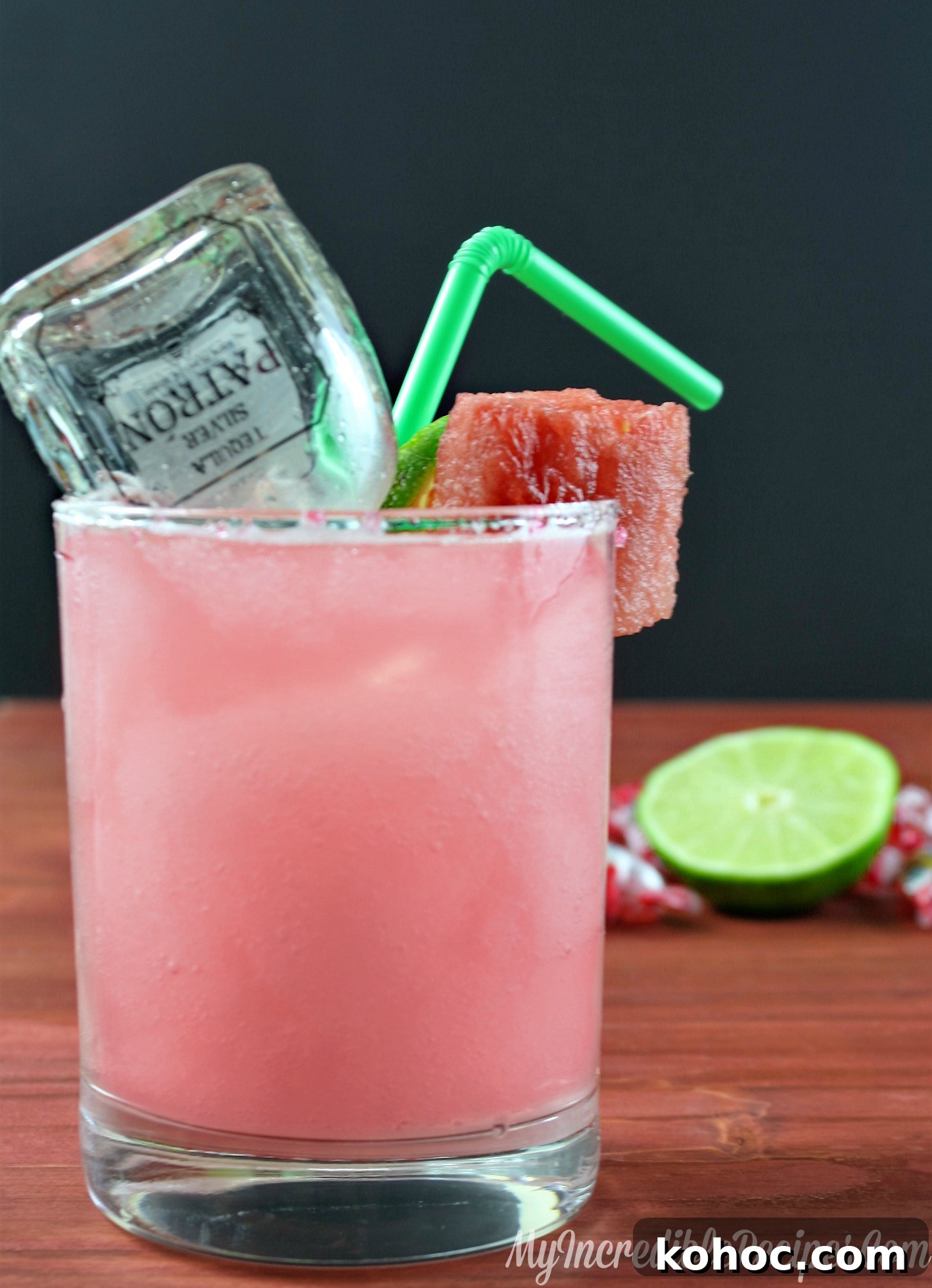 Refreshing Watermelon Margarita Recipe for Summer Cocktails 4 watermelon margarita on a wood table with a mini bottle of patron inside and a green straw