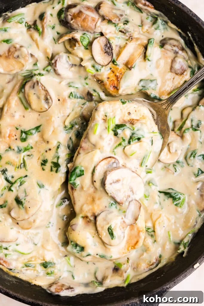 Creamy Garlic Pork Chops with Lighter Sauce 2 Creamy garlic pork chops in a pan with a large spoon.