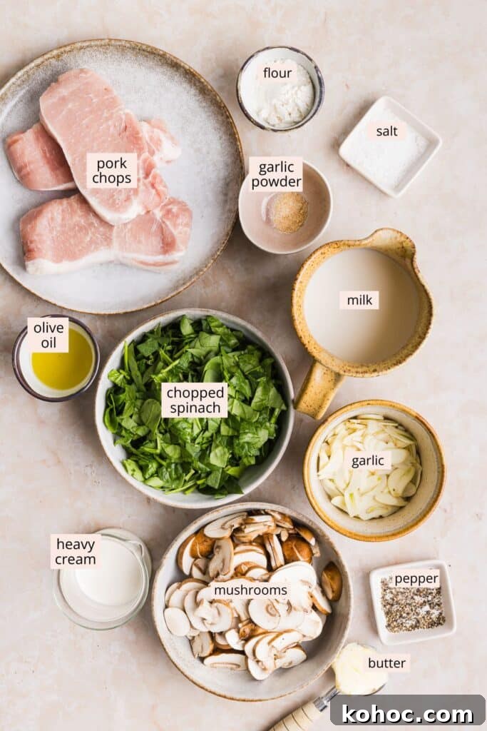 Creamy Garlic Pork Chops with Lighter Sauce 3 Ingredients for creamy garlic pork chops on a countertop with labels.