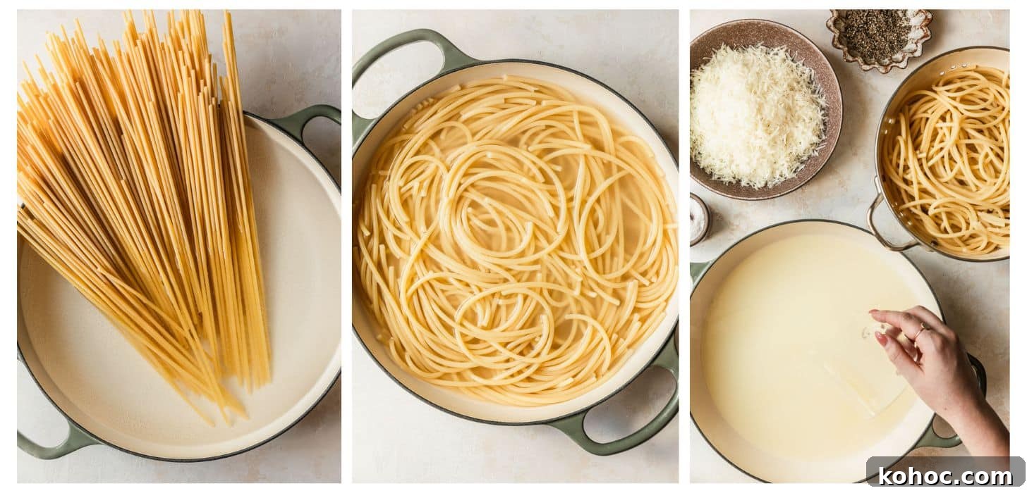 Crispy Shallot Bucatini Cacio e Pepe Recipe 5 Three steps to boiling pasta. In photo 1, pasta is in a white pot. In photo 2, the pasta is boiled. In photo 3, the pasta is in a colander and a hand is using a mug to scoop water out of the pot.
