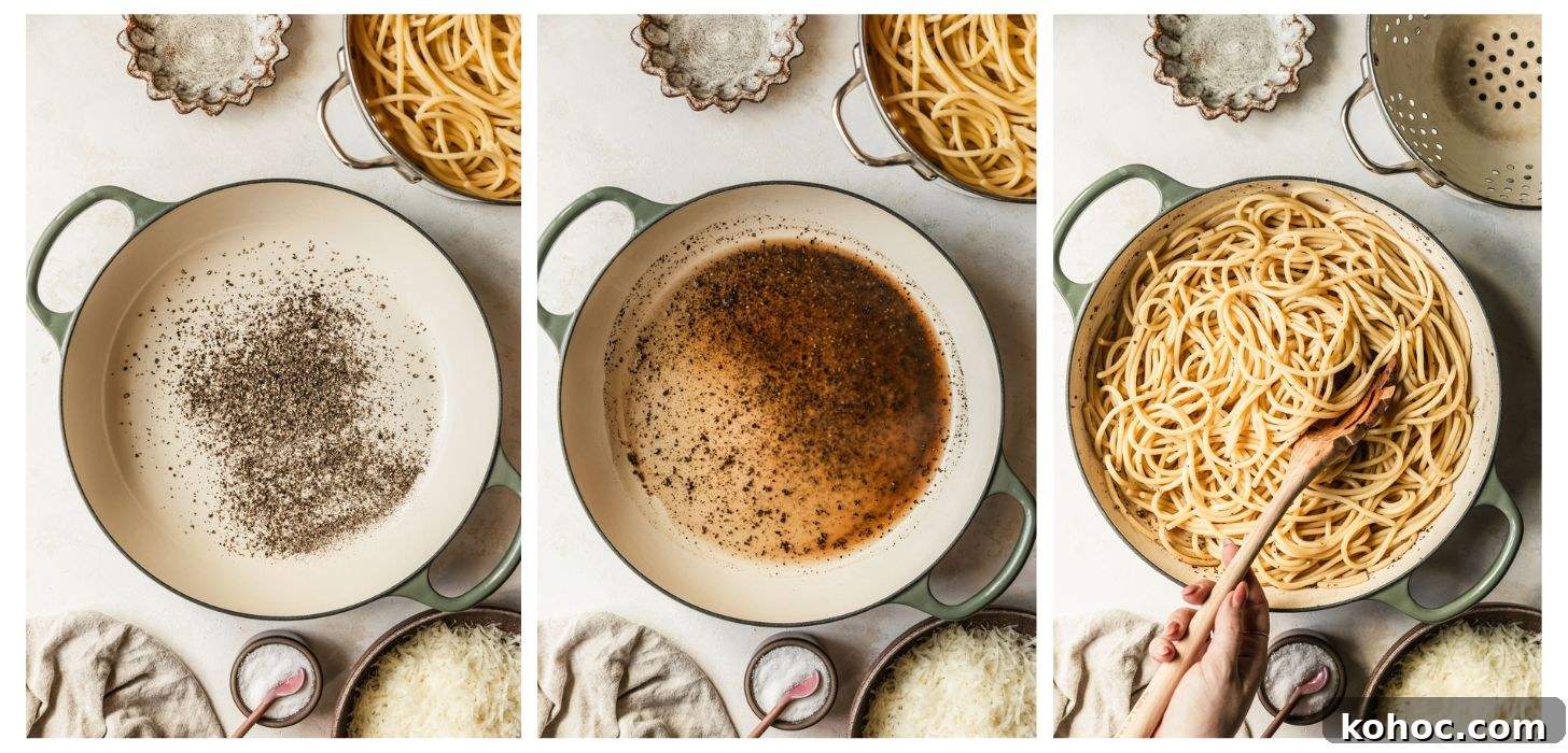 Crispy Shallot Bucatini Cacio e Pepe Recipe 6 Three steps to making cheese and pepper sauce. In photo 1, a white pot of pepper is on a tan counter next to bowls of pasta and cheese. In photo 2, the pot has water in it. In photo 3, a hand is stirring pasta into the sauce.