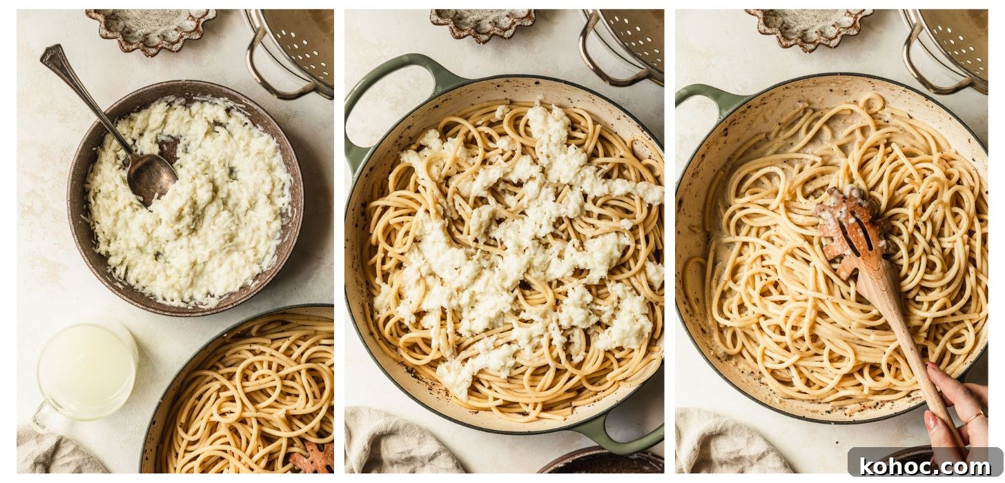 Crispy Shallot Bucatini Cacio e Pepe Recipe 7 Three steps to making bucatini cacio e pepe. In photo 1, a brown bowl of cheese is on a tan counter next to a pot of pasta and a colander. In photo 2, the cheese is on top of the pot of pasta. In photo 3, a hand uses a spoon to stir the pasta.