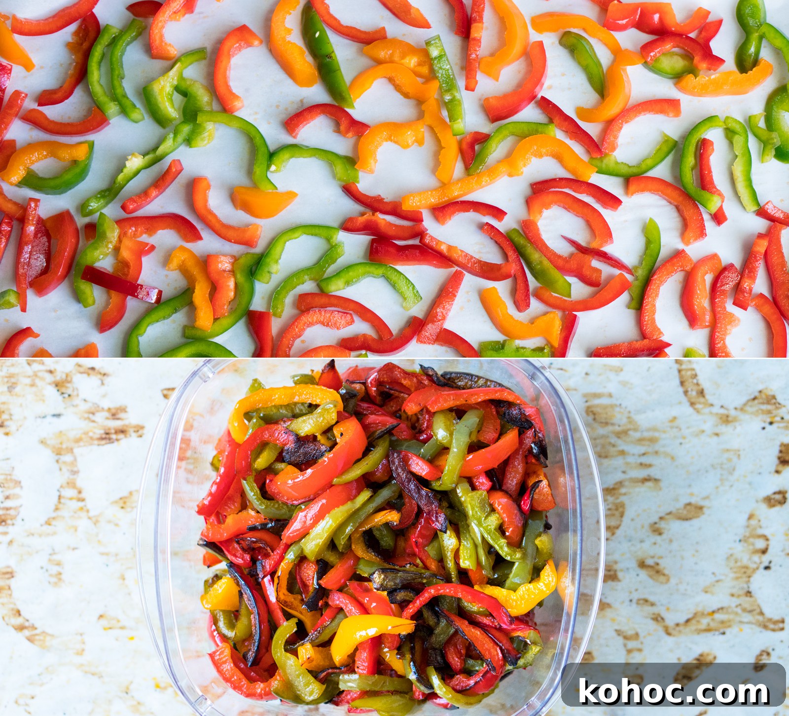 Oven Roasted Carrots and Bell Peppers 3 Thin strips of roasted carrots and bell peppers