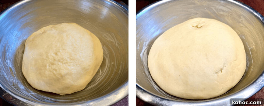 Soft Homemade Cinnamon Rolls with Cream Cheese Glaze 8 Before and after the first rise.