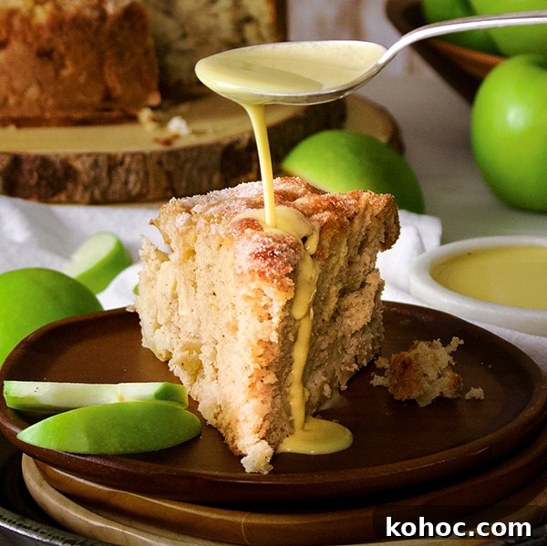 March Bake Club: Join the Baking Challenge 2 Drizzling a spoonful of custard sauce over a slice of Irish Apple Cake.