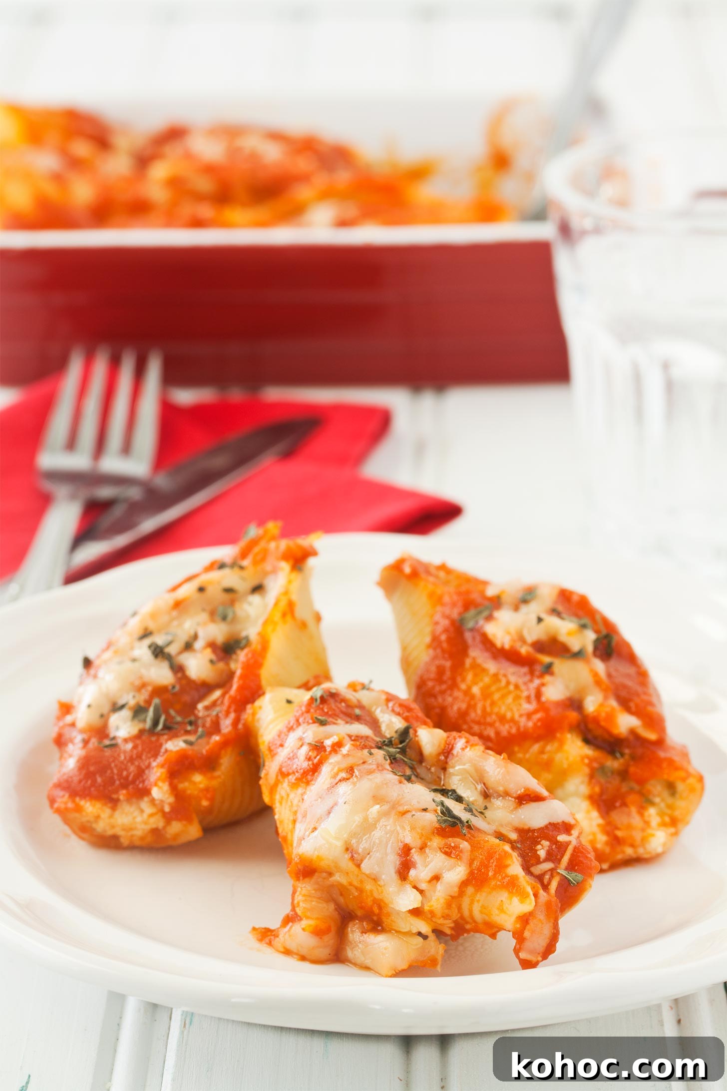 Cheese-Stuffed Pasta Shells Baked with Marinara and Mozzarella 4 Cheese stuffing for stuffed shells