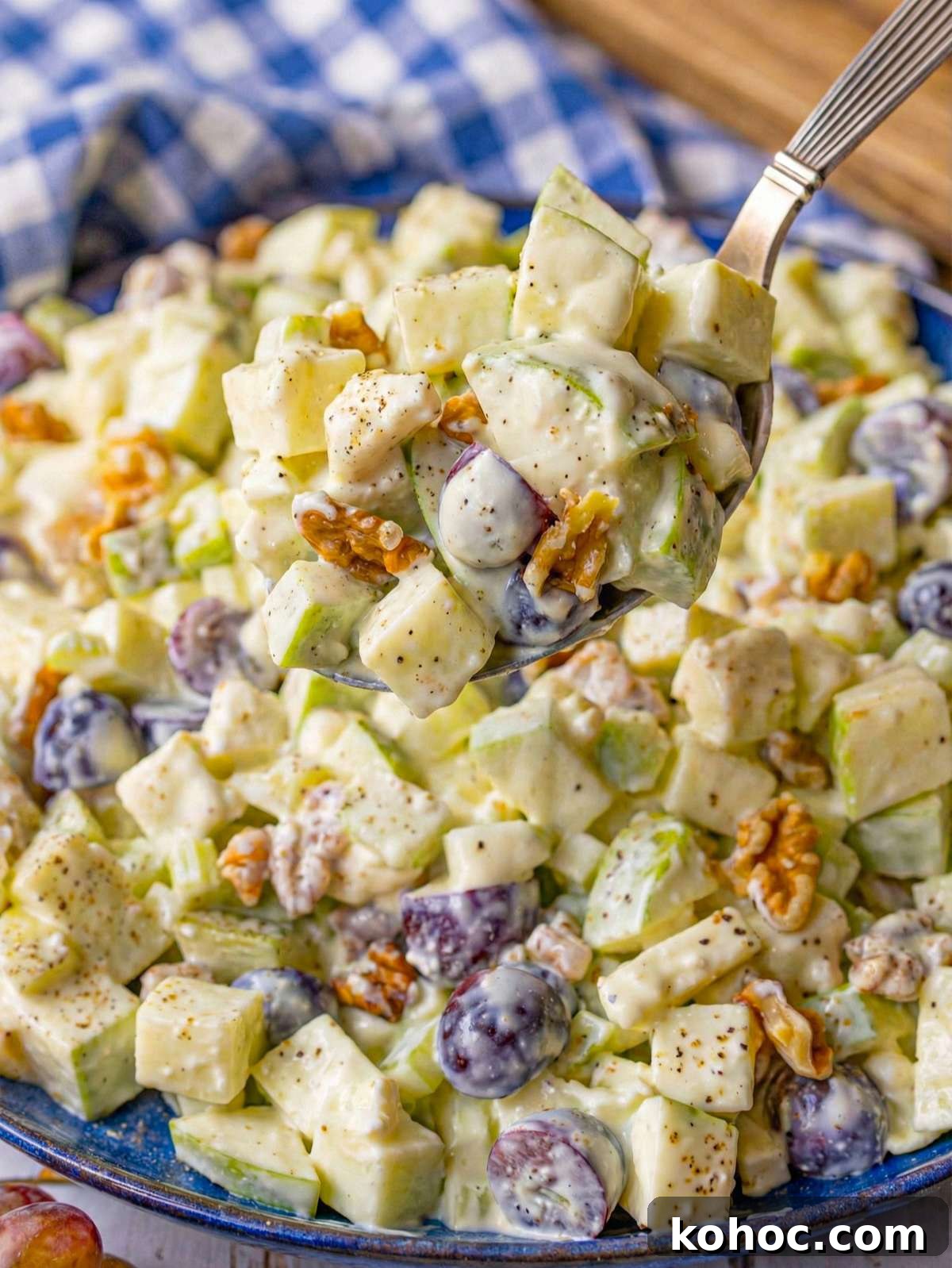 Waldorf Salad with Greek Yogurt Dressing — Light Apple & Walnut Salad 2 Finished salad close up with creamy yogurt dressing and crisp apples.