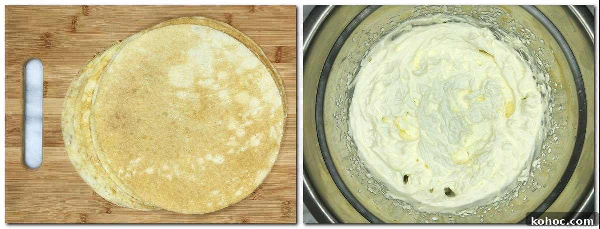 Mango Crepe Cake Recipe: Step-by-Step Guide for Silky Layers 6 Photo 1: Cut crepes on a cutting board Photo 12: Whipped cream in a metal bowl