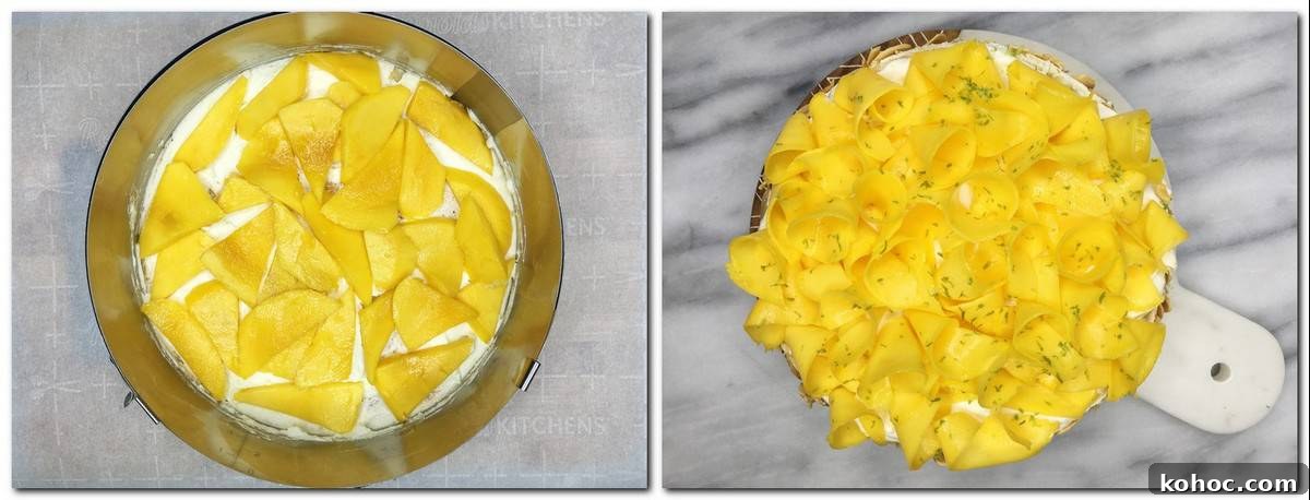 Mango Crepe Cake Recipe: Step-by-Step Guide for Silky Layers 7 Photo 3: Cream topped with fruit slices in a mold Photo 4: Cake on a board