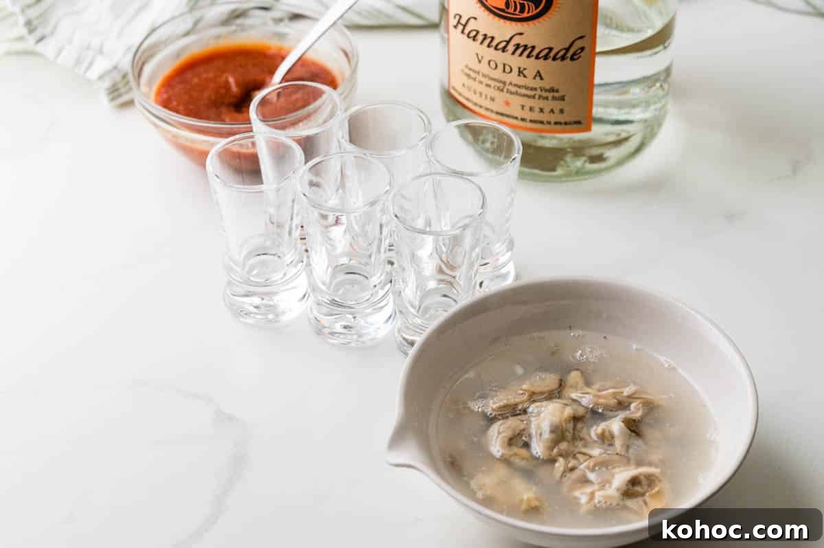 Assembling the ingredients and shot glasses.
