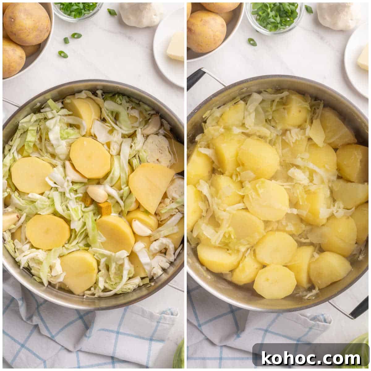 How to Cook Authentic Irish Potatoes: Classic Recipes & Tips 4 Collage of a pot boiling the potatoes and cabbage.