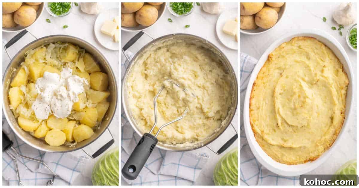 How to Cook Authentic Irish Potatoes: Classic Recipes & Tips 5 Collage of adding the other ingredients to the pot, mashing the potatoes and baking in the casserole pan.