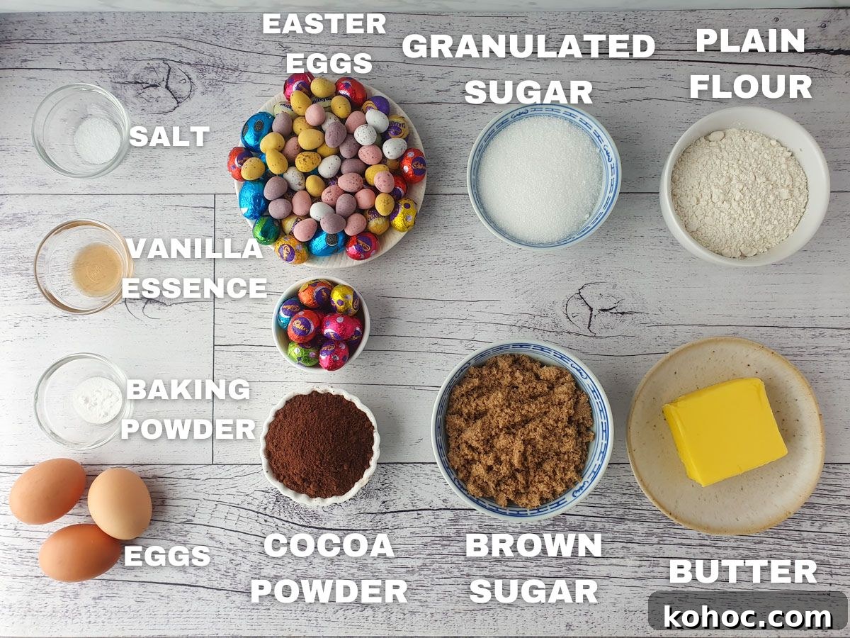 Ingredients: salt, vanilla essence, baking powder, eggs, Easter eggs, cocoa powder, granulated and brown sugar, plain flour, butter.