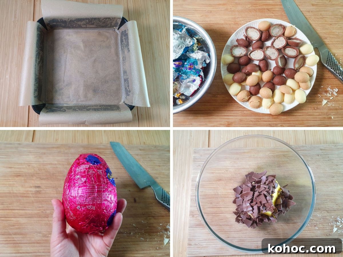 Process shots: greasing and lining cake int, wrapping and slicing in half small Easter eggs, unwrapping large Easter eggs, putting broken up large egg and butter into a bowl to melt.