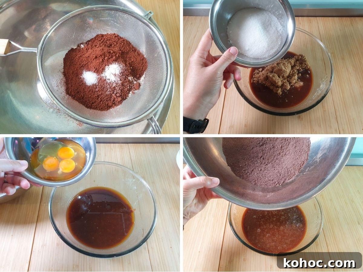 Process shots: sifting dry ingredients, adding white and brown sugar to melted butter and chocolate mix, adding vanilla and eggs, adding sifted, mixed dry ingredients.