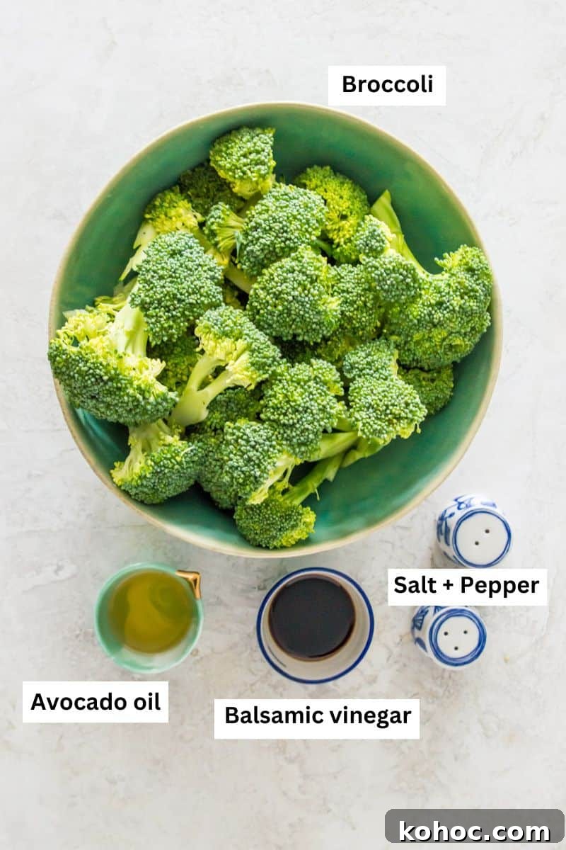 Crispy Air Fryer Broccoli Recipe in 15 Minutes 3 Ingredients in separate bowls including broccoli florets, avocado oil and balsamic vinegar.