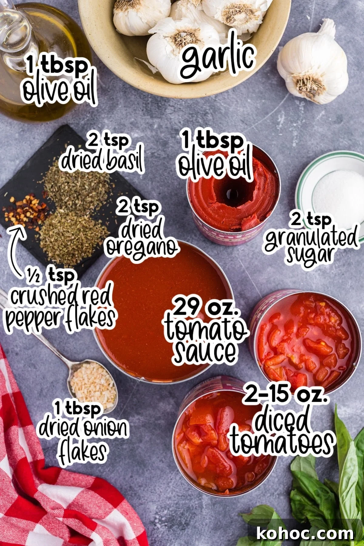 Zesty Spicy Marinara Sauce Recipe for Bold Tomato Flavor 3 All ingredients to make this marinara sauce in small bowls with text overlay.