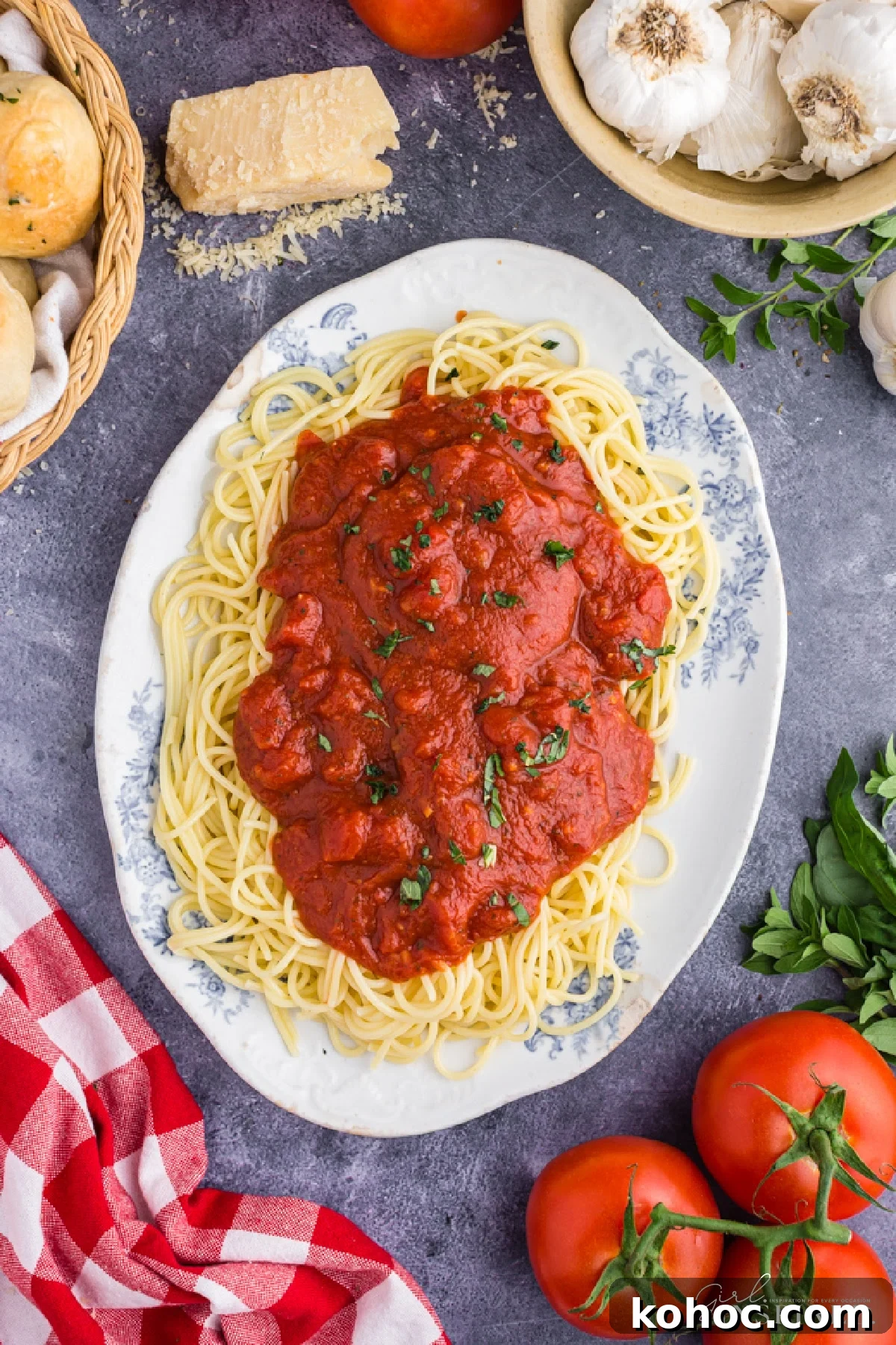 Zesty Spicy Marinara Sauce Recipe for Bold Tomato Flavor 9 Completed Spicy Marinara sauce over a bed of noodles.