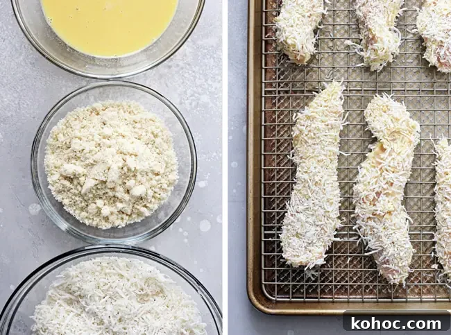 These coconut chicken tenders make for an amazing weeknight dinner that can’t be beat! With an almond flour coconut crust and a sticky apricot dipping sauce, they’re baked in the oven for a healthy meal. Gluten free and dairy free. Three bowls with ingredients for Coconut Crusted Chicken and then uncooked tenders on a baking sheet.