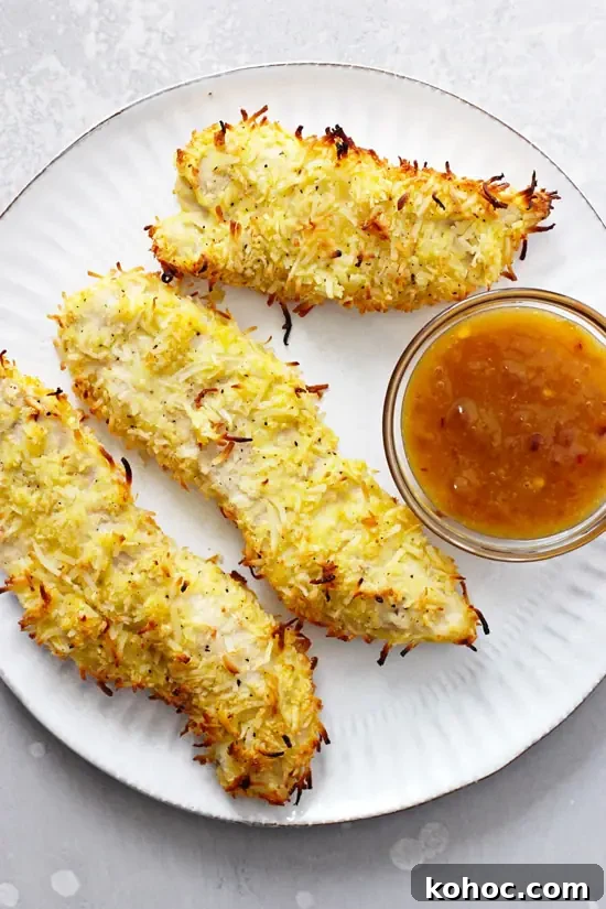 This weeknight baked coconut crusted chicken makes for an easy and healthy meal! With an almond flour coconut crust, a sticky apricot dipping sauce and just 30 minutes of your time required. Gluten free and dairy free. Three pieces of Baked Coconut Chicken on a white plate with dipping sauce.