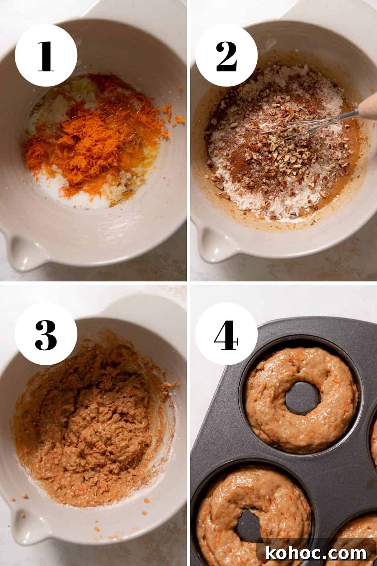 Carrot Cake Donuts Recipe: Moist Spiced Donuts with Cream Cheese Glaze 4 a process collage of the steps for making carrot cake donuts.