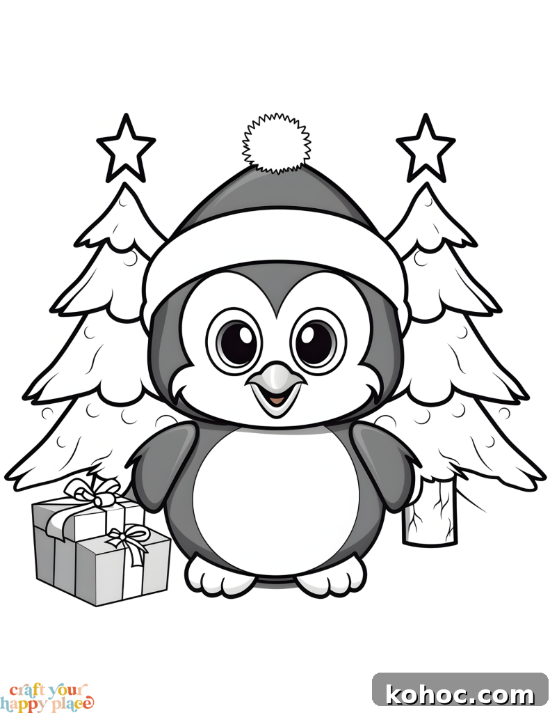 Free Printable Christmas Coloring Pages for Kids & Adults 3 Cute Christmas penguin with gifts and a tree