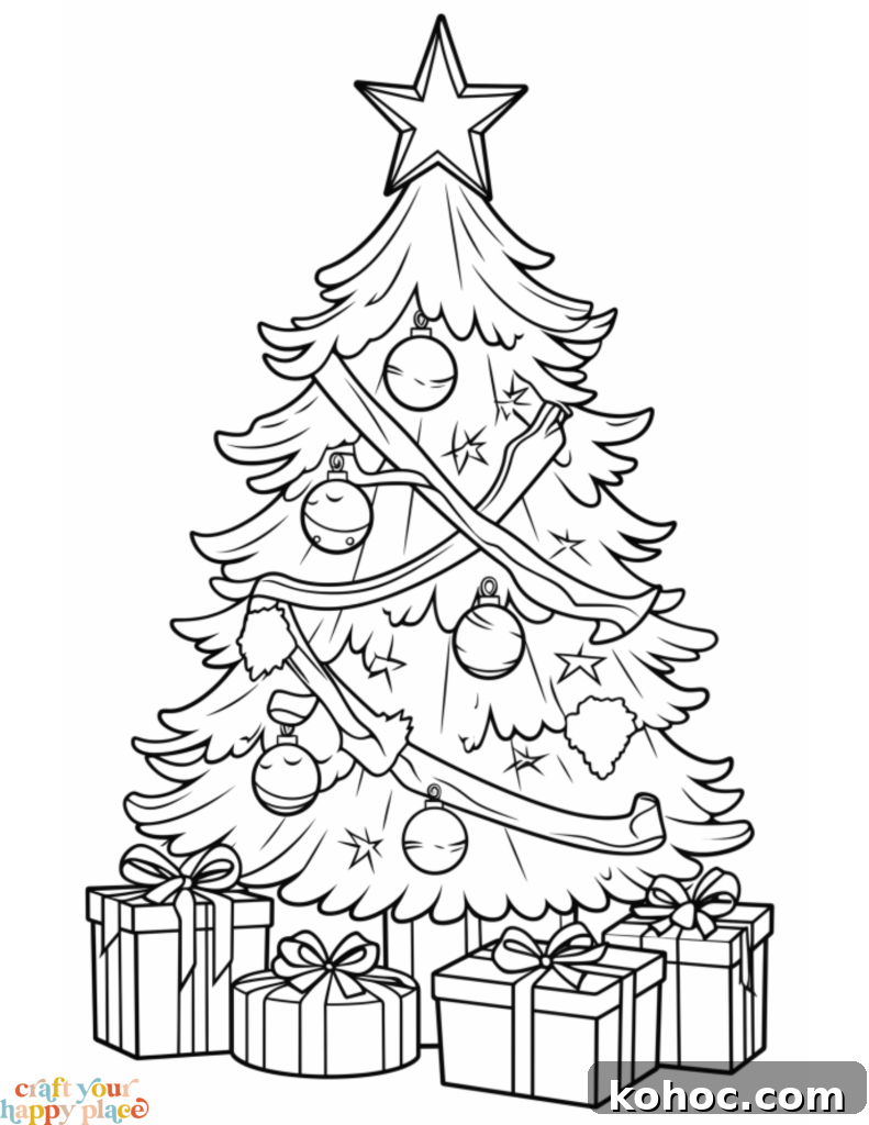 Free Printable Christmas Coloring Pages for Kids & Adults 4 Christmas tree with ornaments and gifts