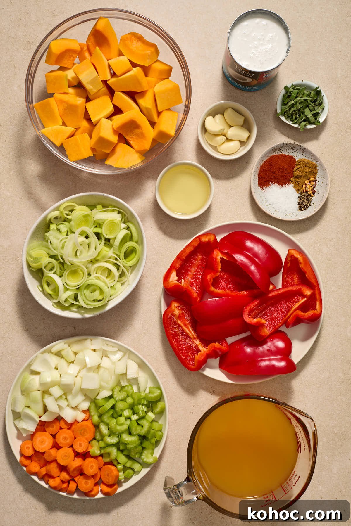 Roasted Red Pepper & Butternut Squash Soup — Dairy-Free Vegan Recipe 3 Ingredients for roasted red pepper and butternut squash soup arranged in individual dishes.
