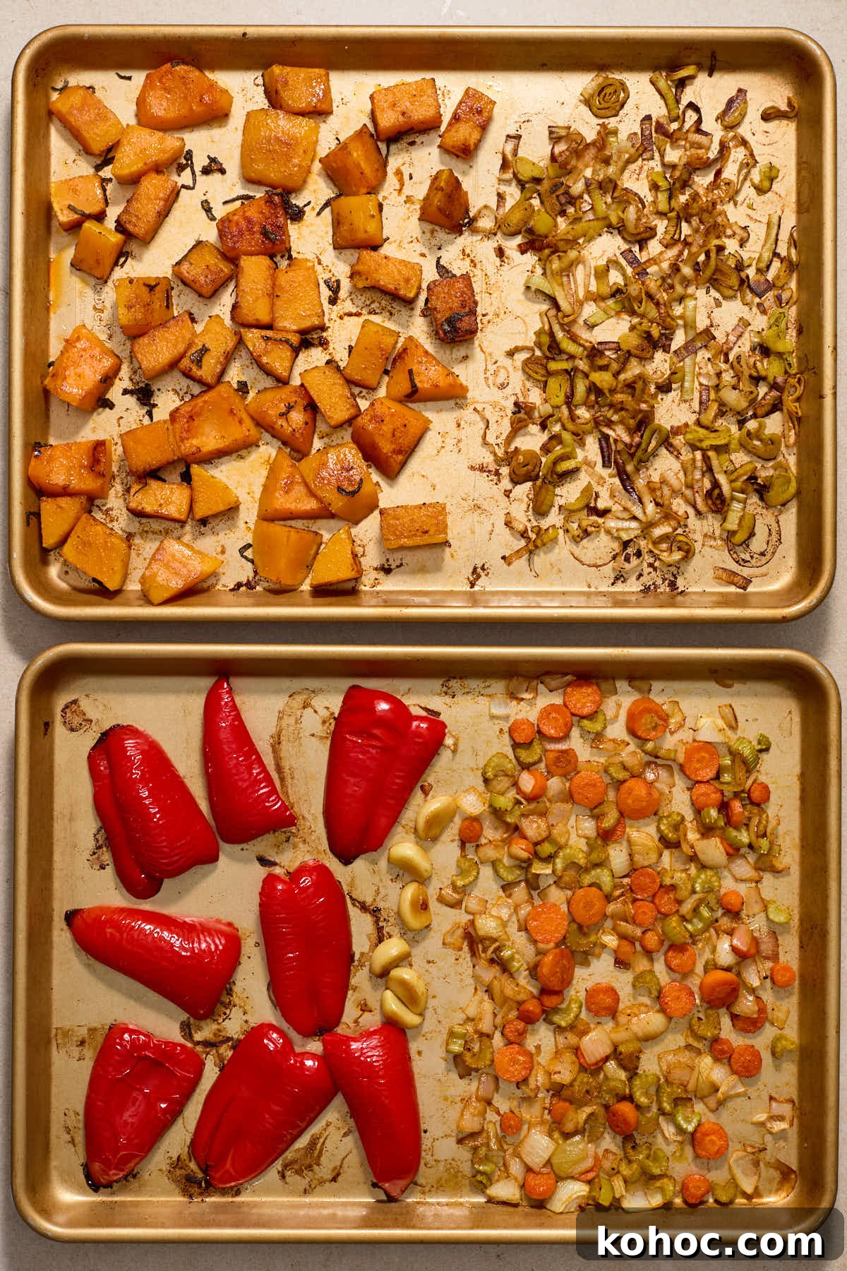 Roasted Red Pepper & Butternut Squash Soup — Dairy-Free Vegan Recipe 6 Roasted squash, red peppers and other vegetables on two sheet pans.