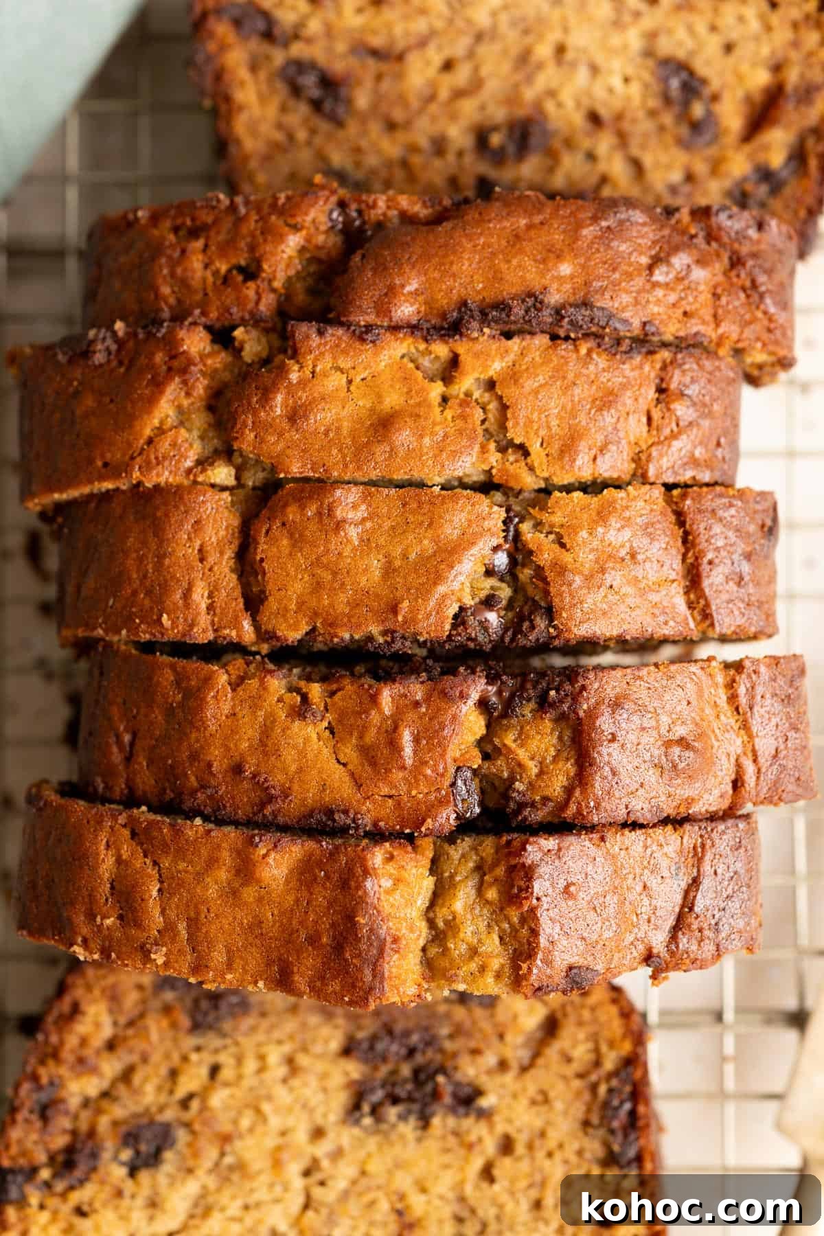 Top down view of sliced miso banana bread.