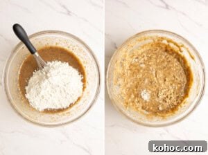 Fold in dry ingredients to make miso banana bread batter.