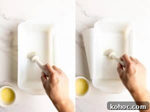 Brushing the loaf pan with melted butter and line with parchment paper.
