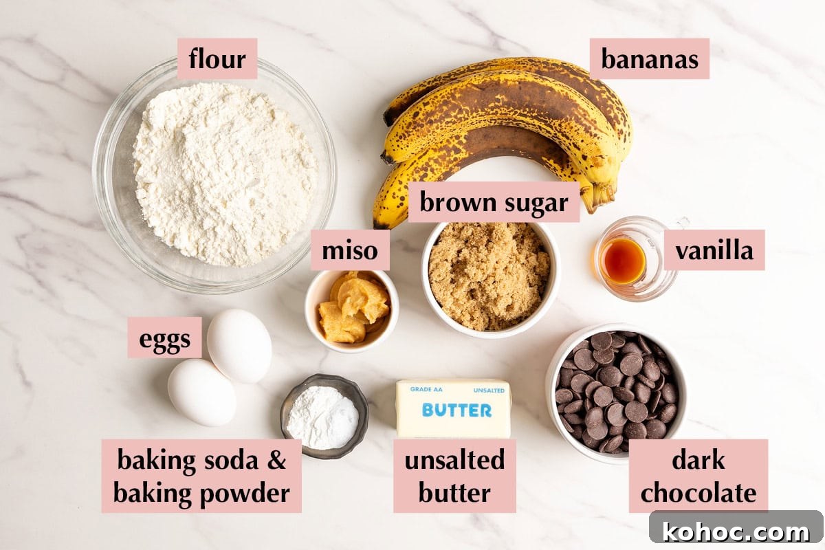 Ingredients for chocolate chip banana bread with miso.