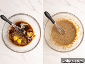 Mixing together wet ingredients for miso banana bread.