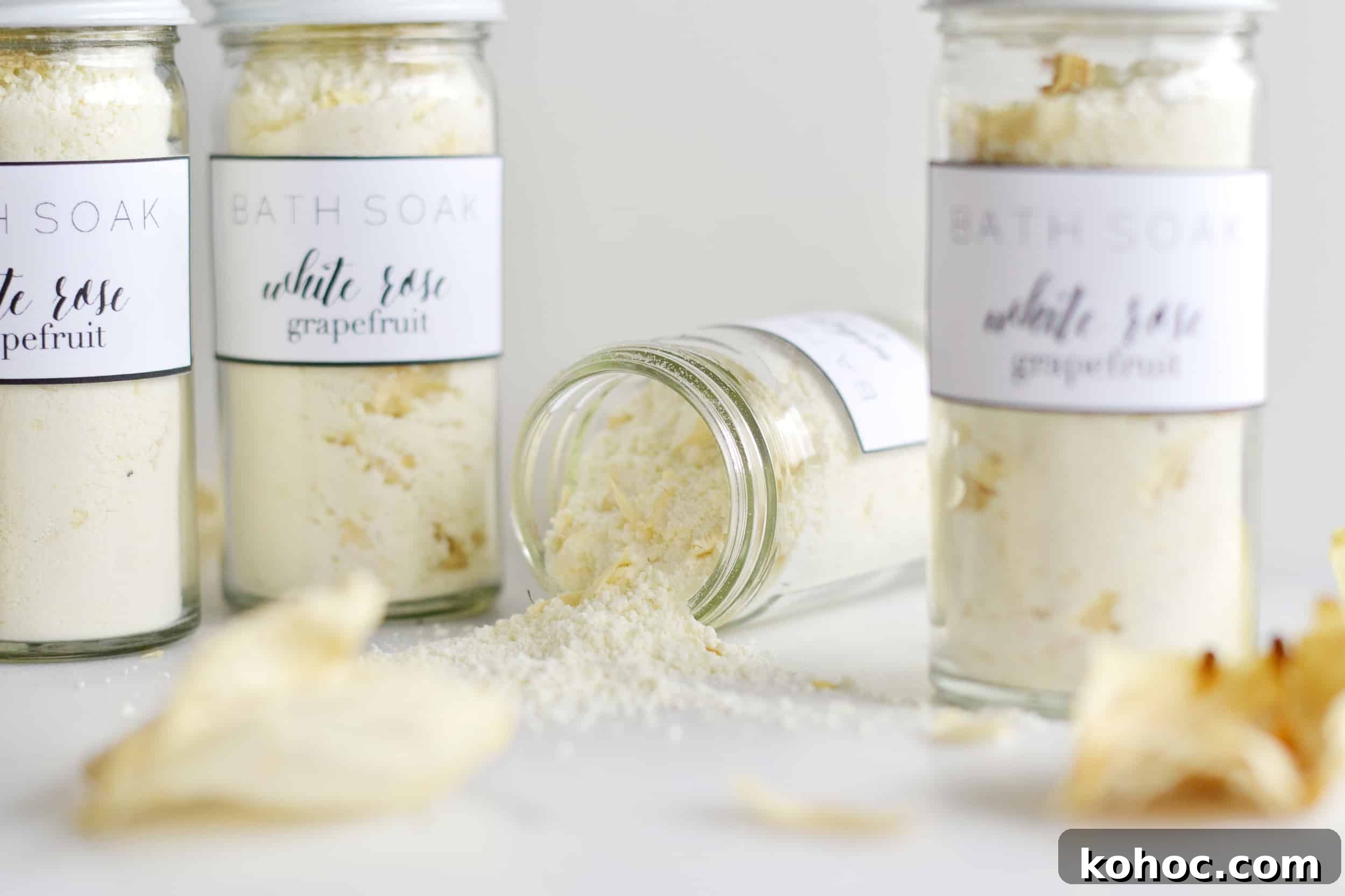 White Rose Petal & Grapefruit Bath Soak Recipe + Free Printable 4 Close-up of rose petals and bath soak