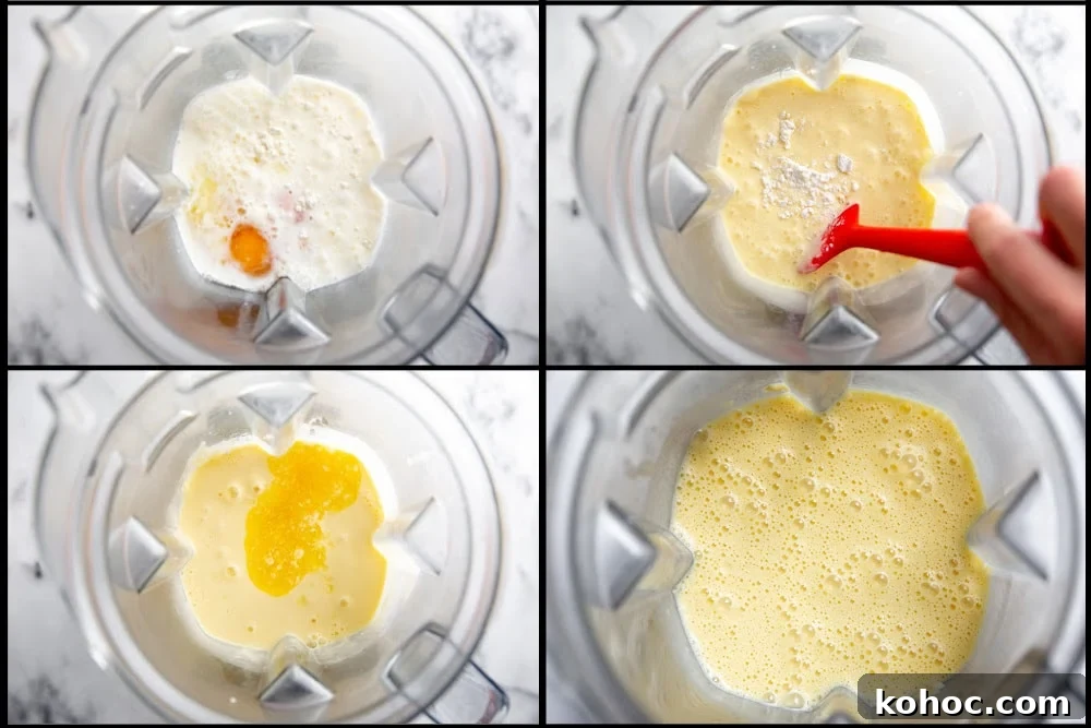 Process shot divided into four quadrants showing how to make the crepe batter in a blender. 