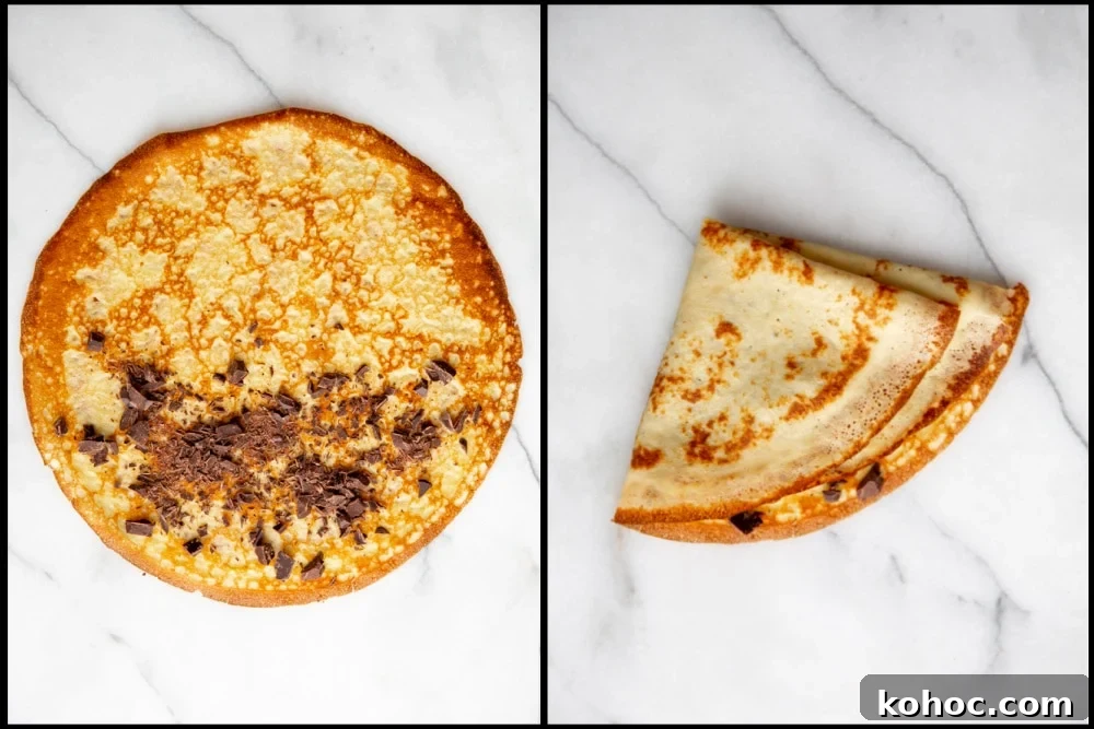 Process shot divided into two quadrants showing how to fill a crepe with chopped chocolate. 
